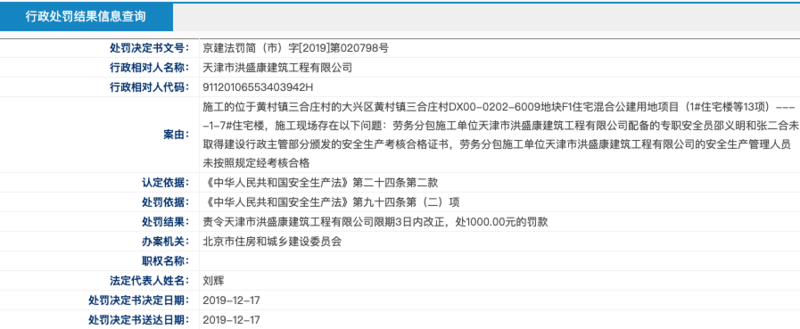 旭辉集团北京一子公司项目被通报 施工方被罚款