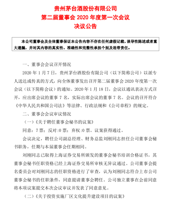 刘刚正式出任茅台董秘 前董秘樊宁屏经历三任董事长