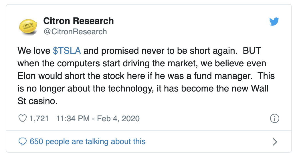 香橼再次狙击特斯拉:即使马斯克也会卖空这只股票 香橼再次狙击特斯拉:即使马斯克也会卖空这只股票