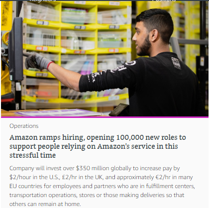在线购物火了！ 亚马逊紧急招聘10万名仓储和快递员工