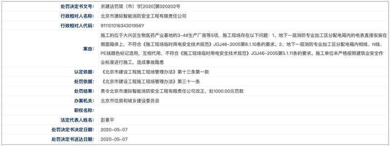 北京澳际消防工程公司遭北京住建委处罚：违规施工并造成事故隐患