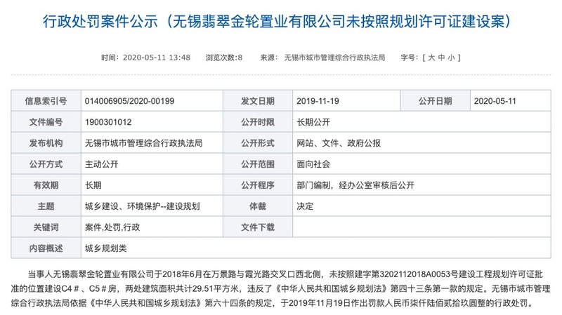 金轮天地控股子公司无锡翡翠金轮置业遭罚：未按照规划许可证建设