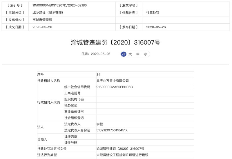 万科重庆子公司北万置业接连遭罚超93万：未取得建设工程规划许可证进行建设