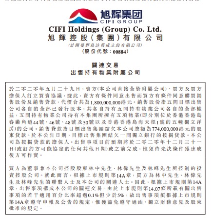 旭辉发布关联交易公告：控股股东林氏兄弟以18亿港元购买其香港5幢独立洋房