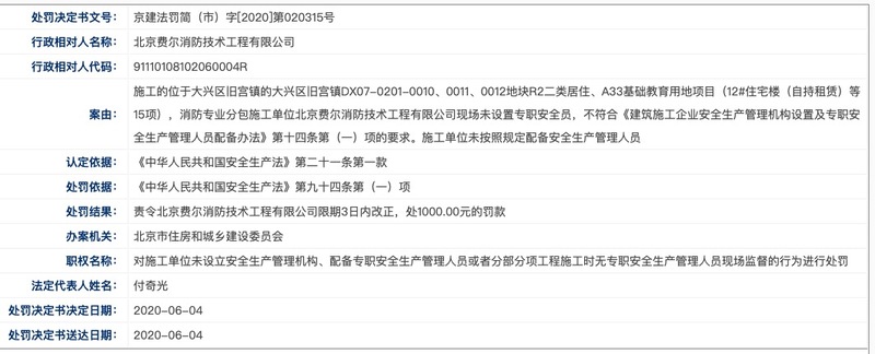 北京费尔消防技术工程公司遭罚并限期改正：违反安全生产法相关规定