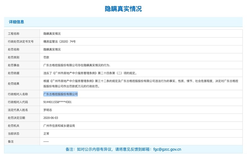 古格集团旗下子公司遭罚：违反了广州房产中介服务管理条例相关规定