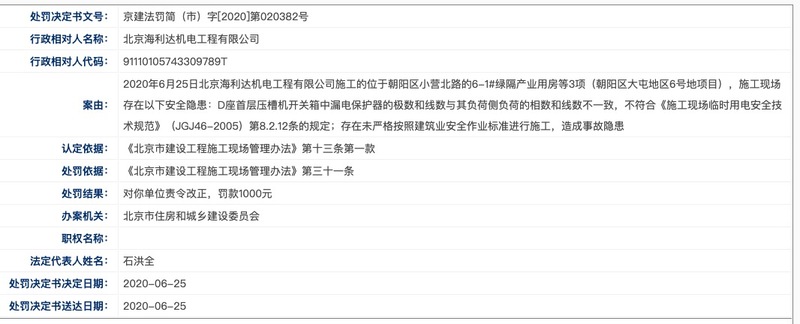 北京海利达机电工程公司违规施工造成事故隐患被北京住建委处罚