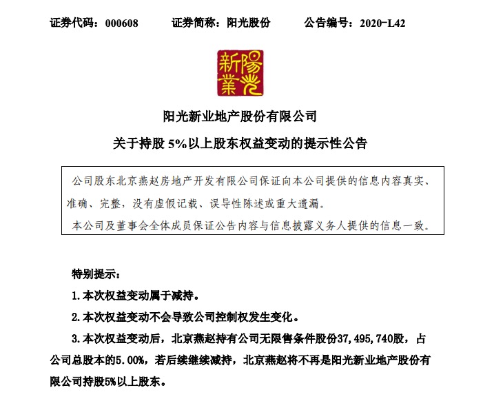 阳光股份遭燕赵房地产减持3749万股公司股份占总股本的0.8%