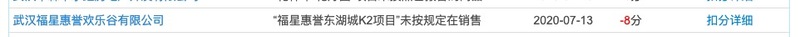 福星股份旗下武汉福星惠誉欢乐谷公司涉违规售房被通报扣信用分8分