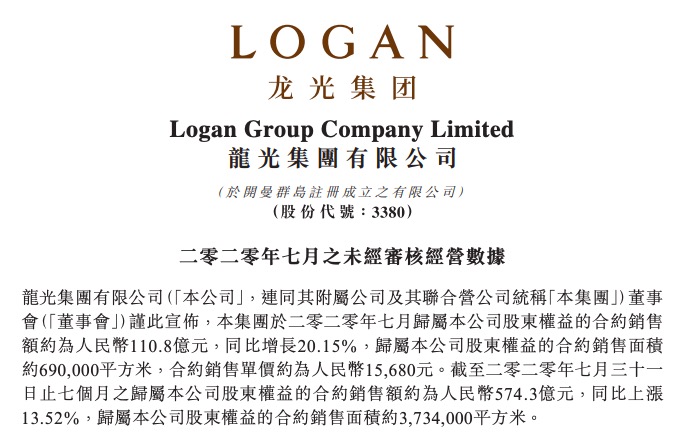 龙光集团：前7月销售574.3亿同比上涨13.5% 完成年目标52.2%