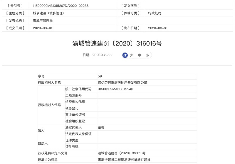 保亿荣钰重庆房地产无证建设被罚 半年内保亿置业集团三子公司四度被罚