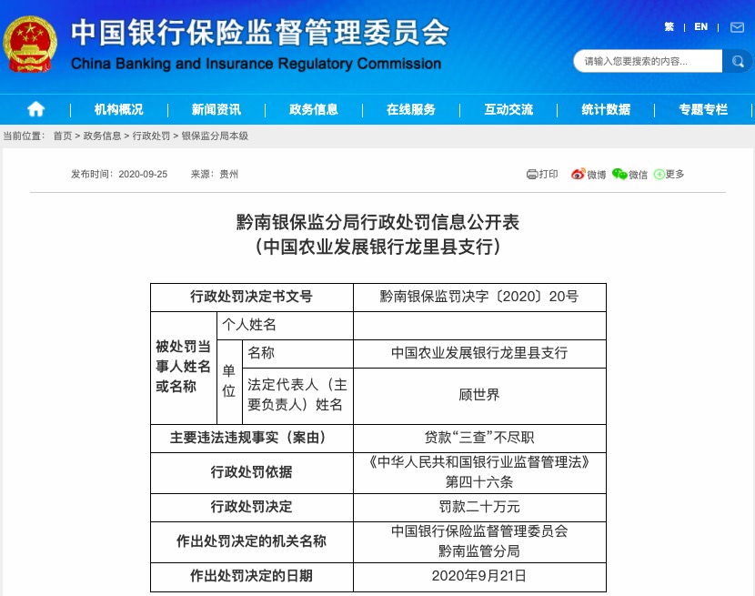 贷款三查不尽职 中国农业发展银行龙里县支行被罚20万