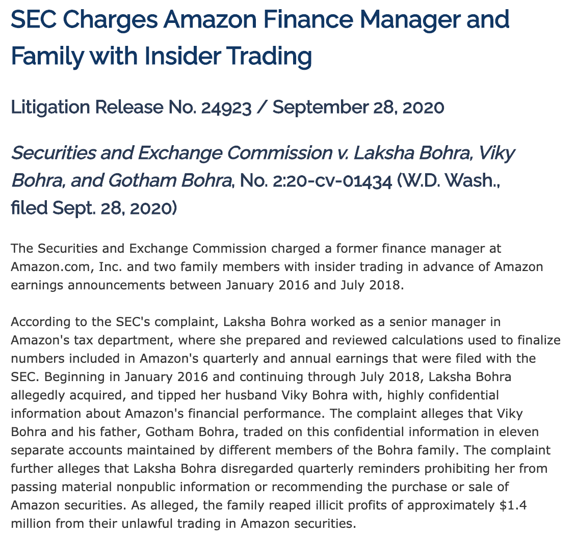 SEC指控前亚马逊高管内幕交易 非法获利140万美元