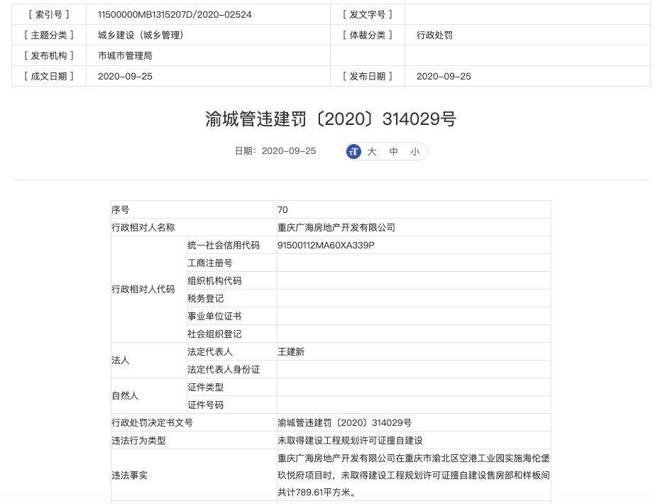 重庆广海房地产涉无证建设被罚