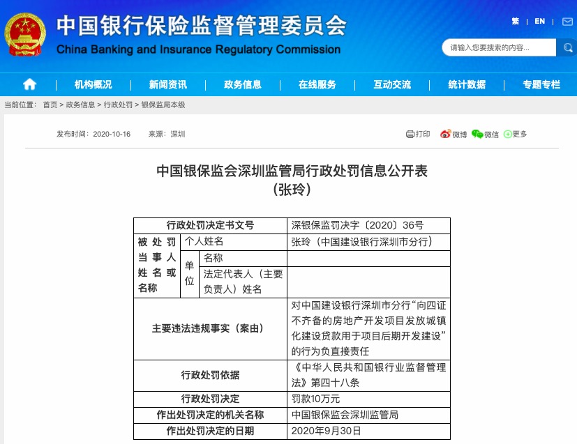 建设银行深圳分行存十大违规行为 被罚没852万元