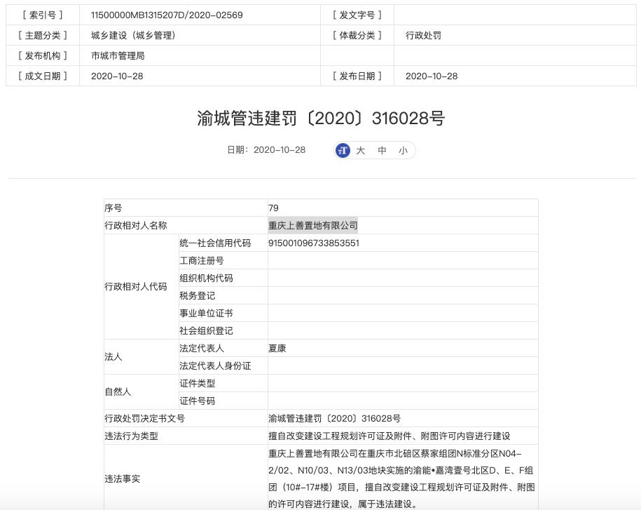 重庆上善置地开发的渝能嘉湾壹号项目存违规建设被罚没99万元