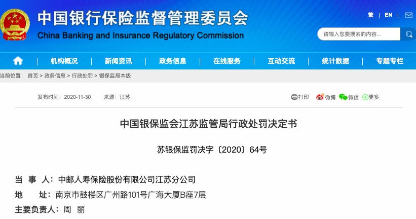 给予投保人合同约定以外的利益 中邮人寿江苏分公司被罚21万