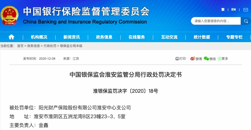 虚列薪酬63000元 阳光财险淮安中心支公司被罚15万元