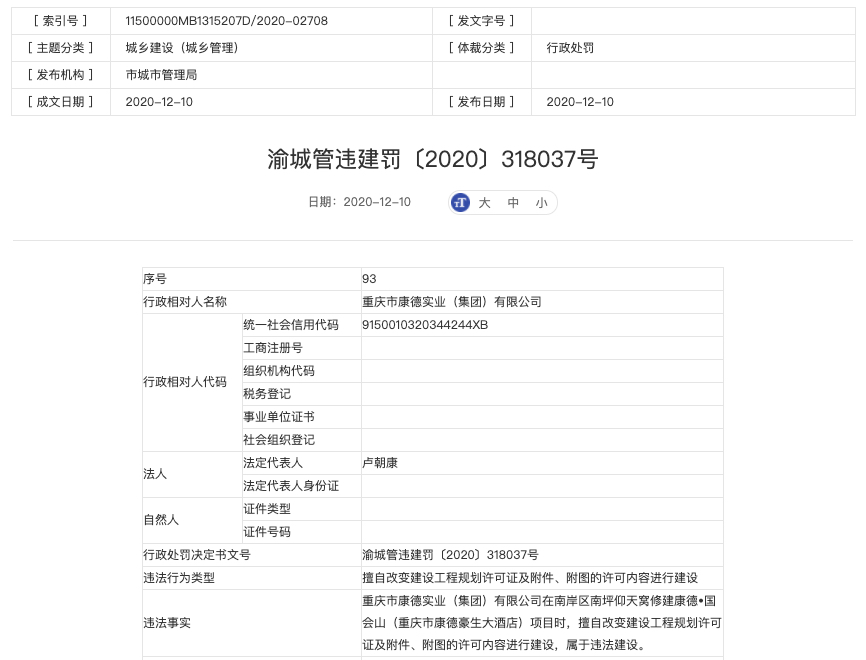 重庆市康德实业（集团）公司涉违规建设被罚