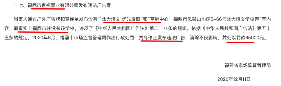 福鼎市京福置业有限公司违法广告被主管部门处罚