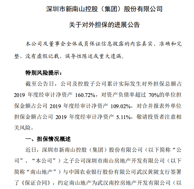 南山控股：子公司南山地产为武汉南控房地产2亿元授信额度担保
