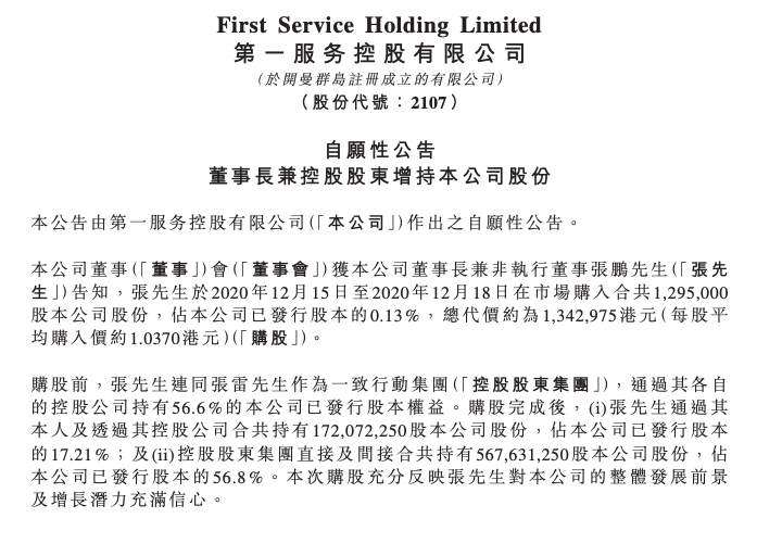 第一服务控股：张鹏增持129.5万股 持股比例升至17.21%