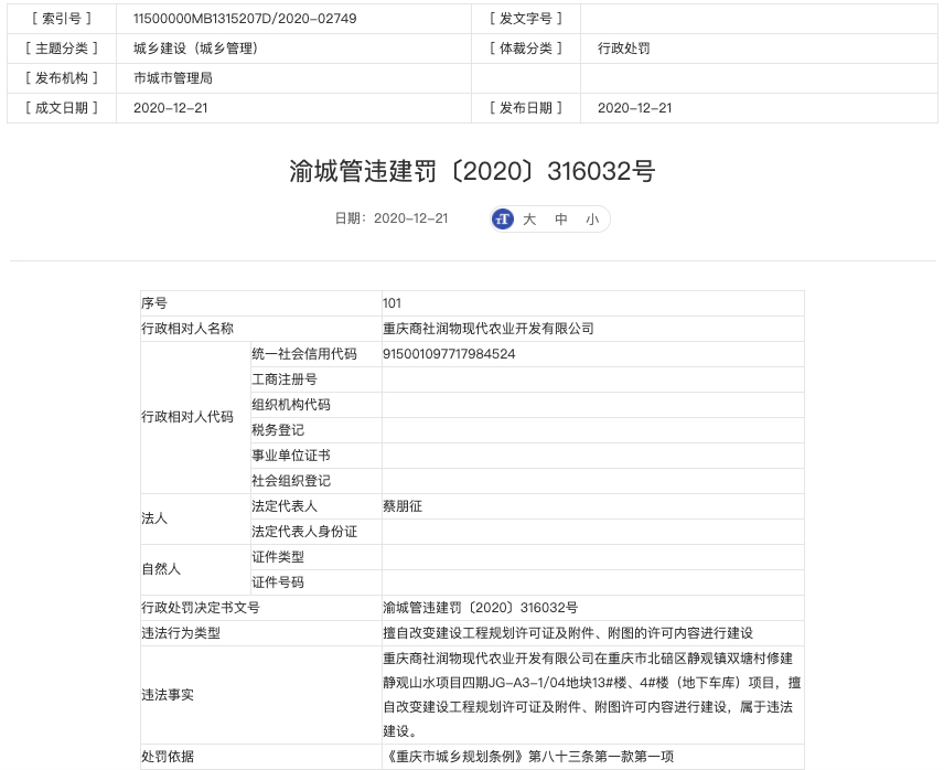 重庆静观山水项目四期涉违法建设开发企业被罚