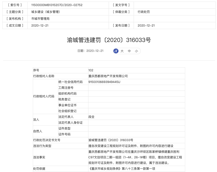 重庆胜利C97文创项目涉违法建设开发企业被罚