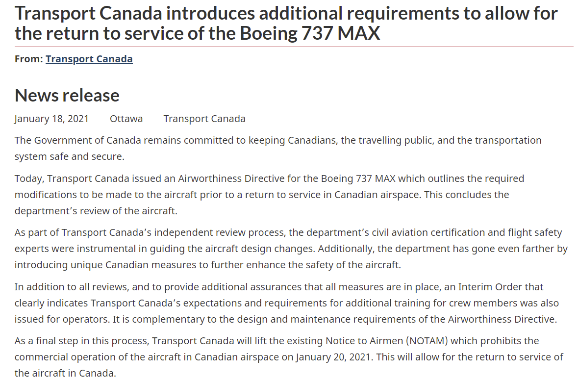 加拿大放行波音737 MAX 称已解决“所有安全问题”