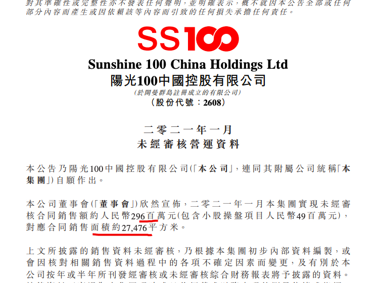 阳光100中国1月以价换量：销售额同比增20.33%单价降一成半