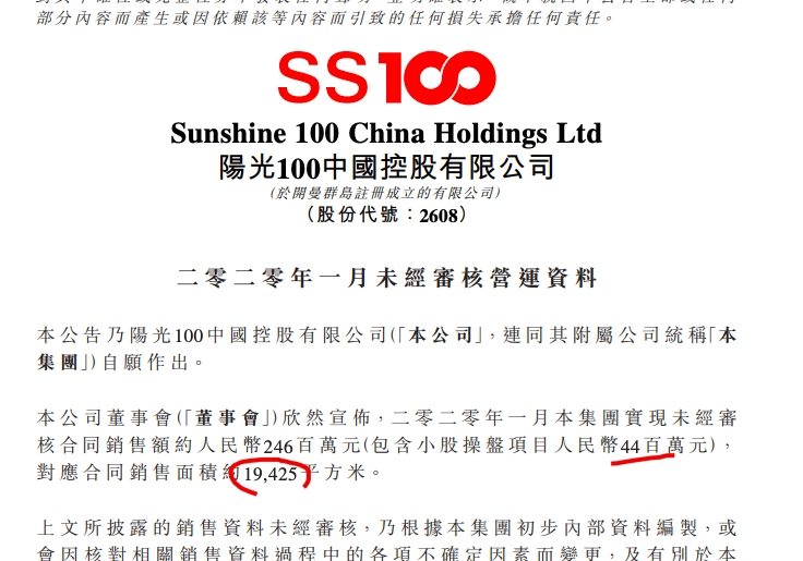 阳光100中国1月以价换量：销售额同比增20.33%单价降一成半