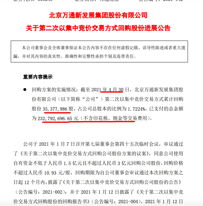 万通发展：4月份65.3万元再回购8.94万股 累计回购3537.8万股