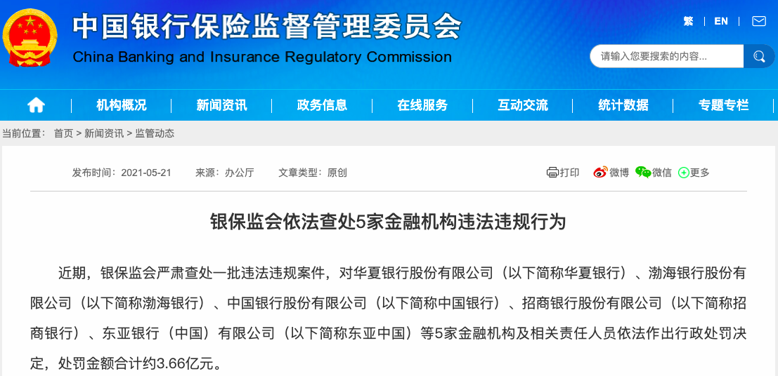 中国银行、招商银行、华夏银行等5家金融机构违法违规合计被罚3.66亿