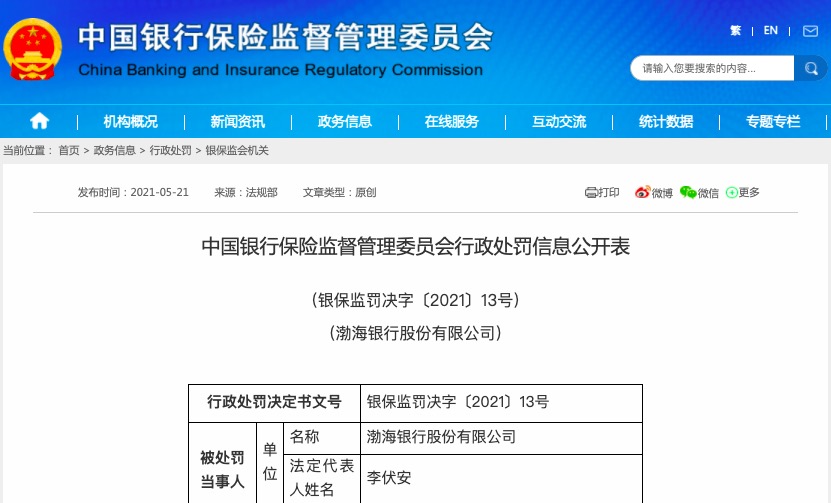 涉瞒报案件（风险）信息 渤海银行因34项违法违规行为被罚9720万