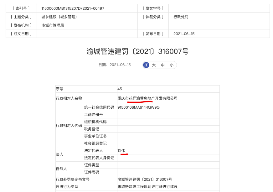 重庆市花样渝蓉房地产公司涉违法建设被罚 其系花样年全资子公司