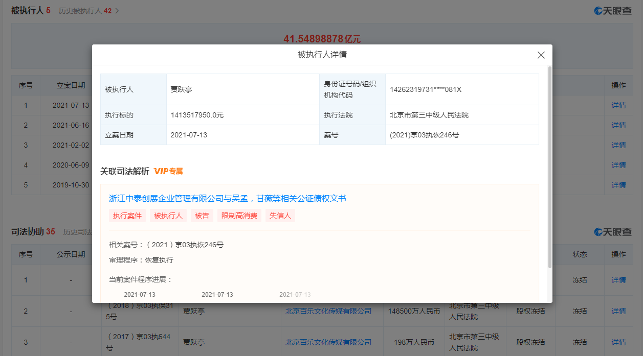 贾跃亭恢复被执行 执行标的超41亿元