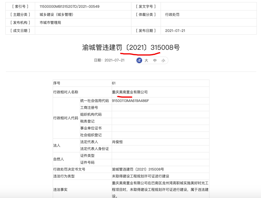 重庆美南置业无证建设被罚 其系重庆雅港置业与美好置业合营公司