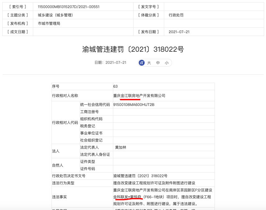 重庆金江联房地产违规建设被罚 其系金科股份与建发股份的合营公司
