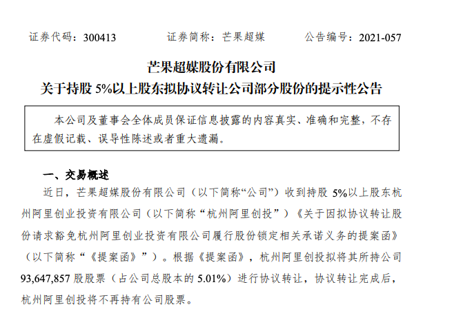 芒果超媒：杭州阿里创投拟协议转让公司5.01%股份