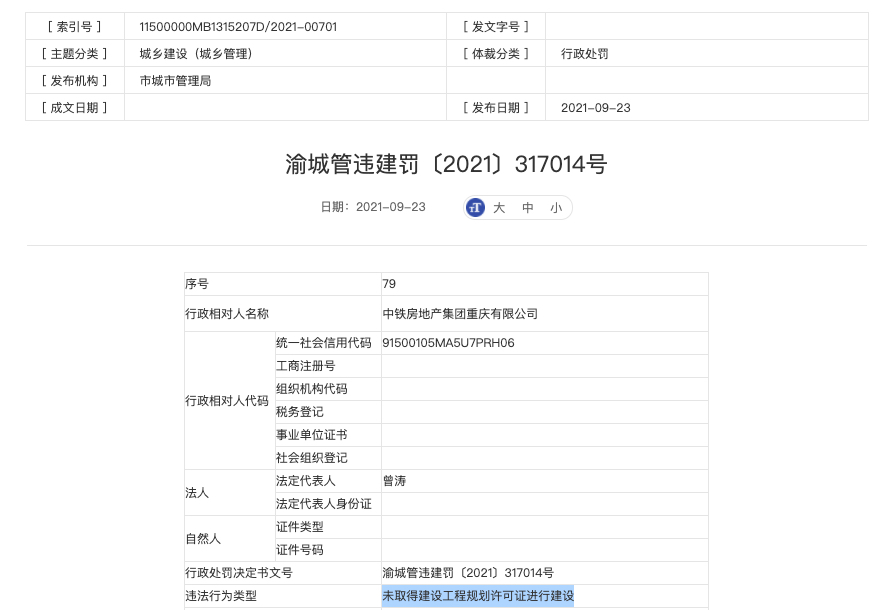 中铁房地产集团重庆公司因无证建设的违法事实被主管部门处罚