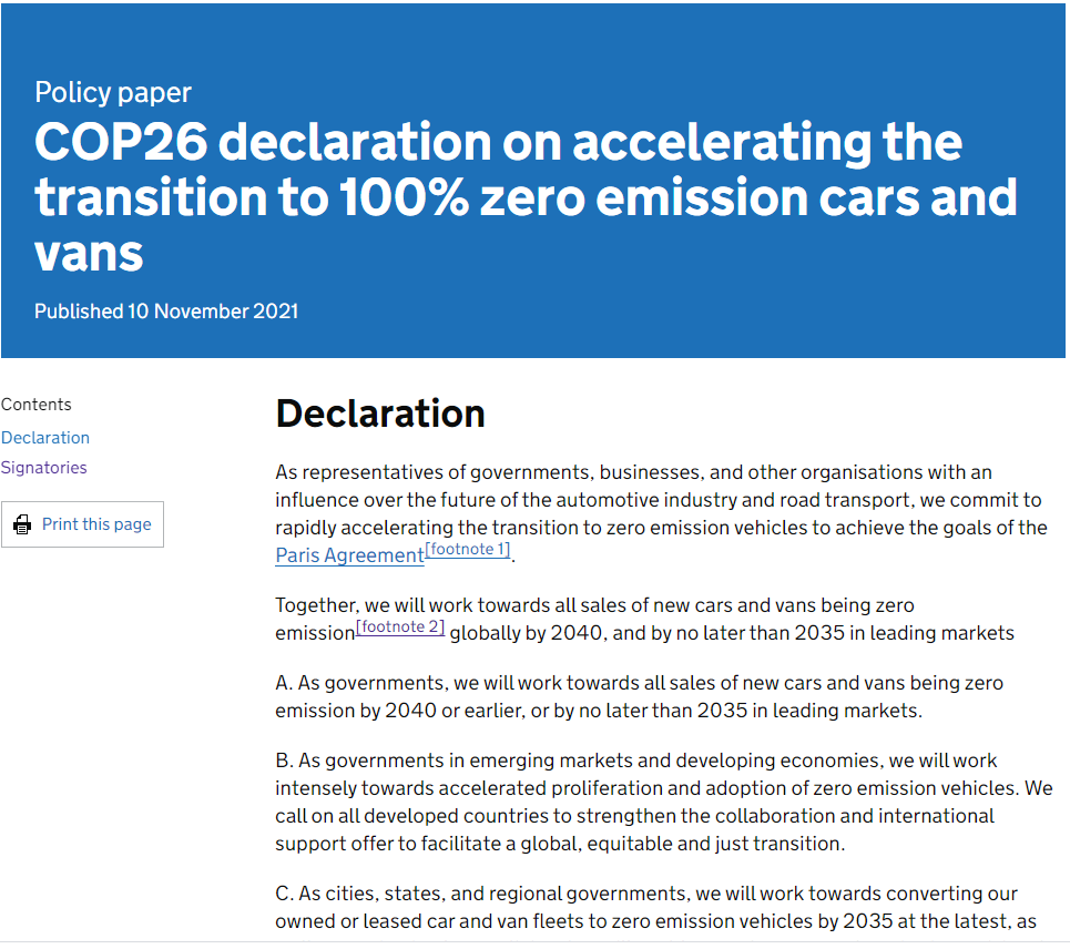多国联合签署零排放汽车宣言 比亚迪等车企签名承诺