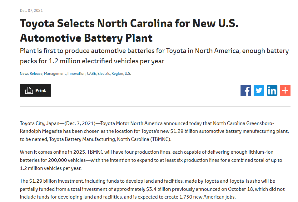 丰田官宣新电池厂落户美国北卡 计划为120万辆汽车提供电池