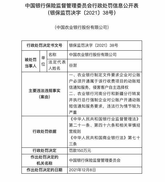 因侵害客户自主选择权等，农业银行被罚150万