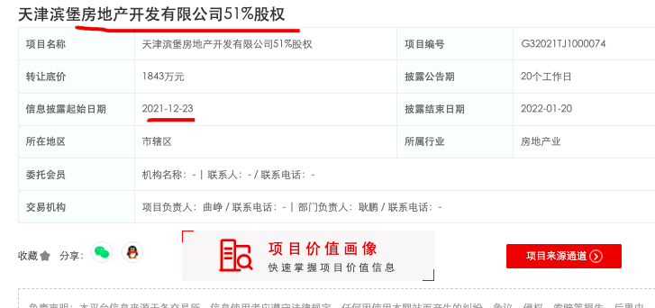 泰达城市发展拟底价1843万元转让天津滨堡51%股权
