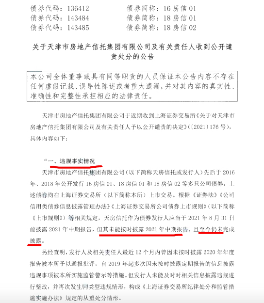 天房信托：因未按期披露中报董事长刘玉成等收公开谴责处分函
