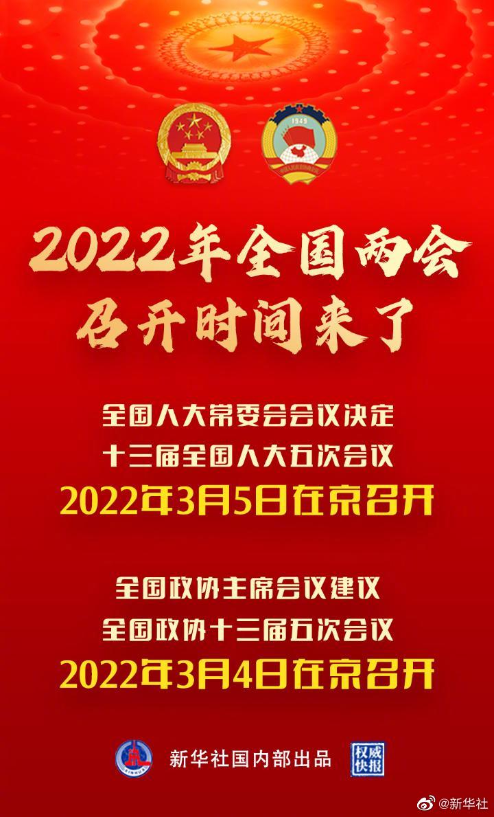 十三届全国人大五次会议将于2022年3月5日在北京召开