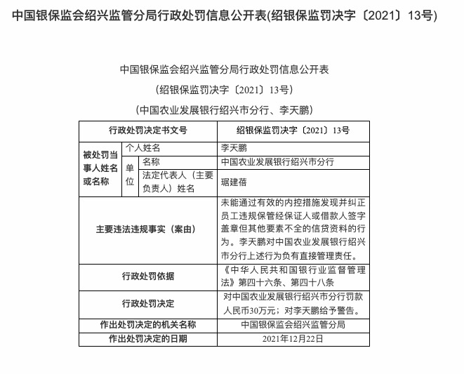 因内控管理不到位等，农业发展银行绍兴分行被罚30万