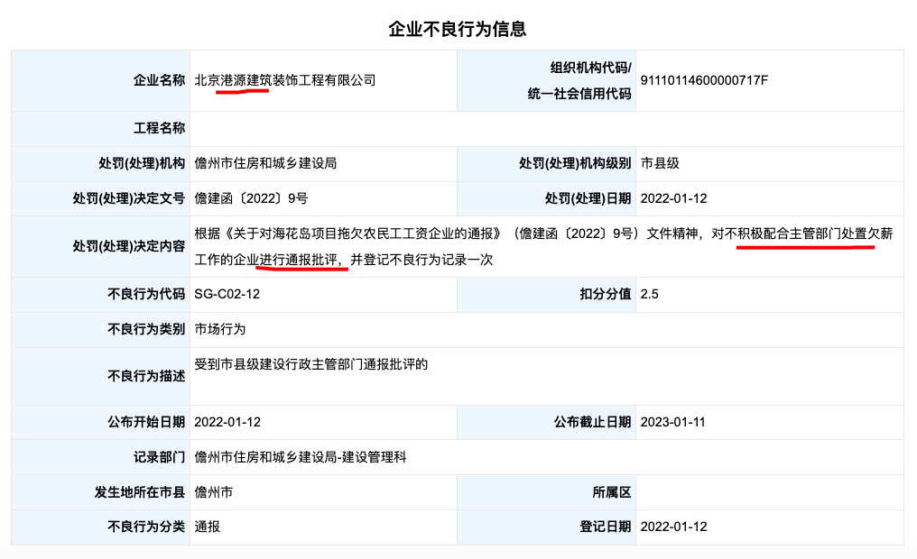 北京港源装饰因不积极配合主管部门处置欠薪工作被处罚 其系江河集团子公司