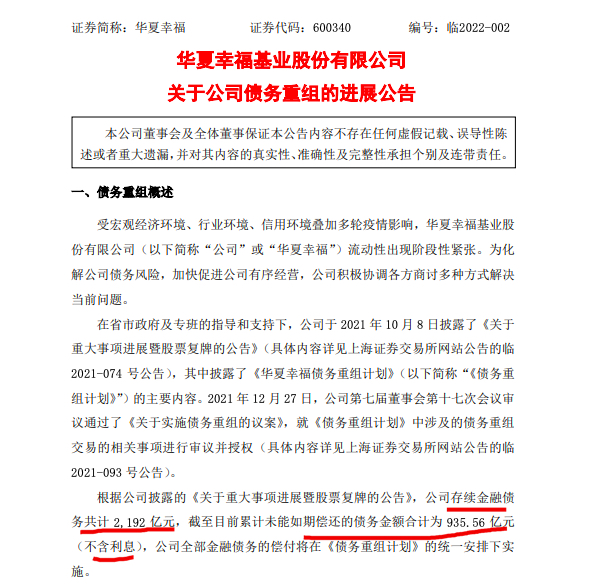 华夏幸福：截至目前已签署债务重组协议涉及债务金额88.57亿元
