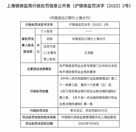 因未落实同业业务经营问题，进出口银行上海分行被罚50万